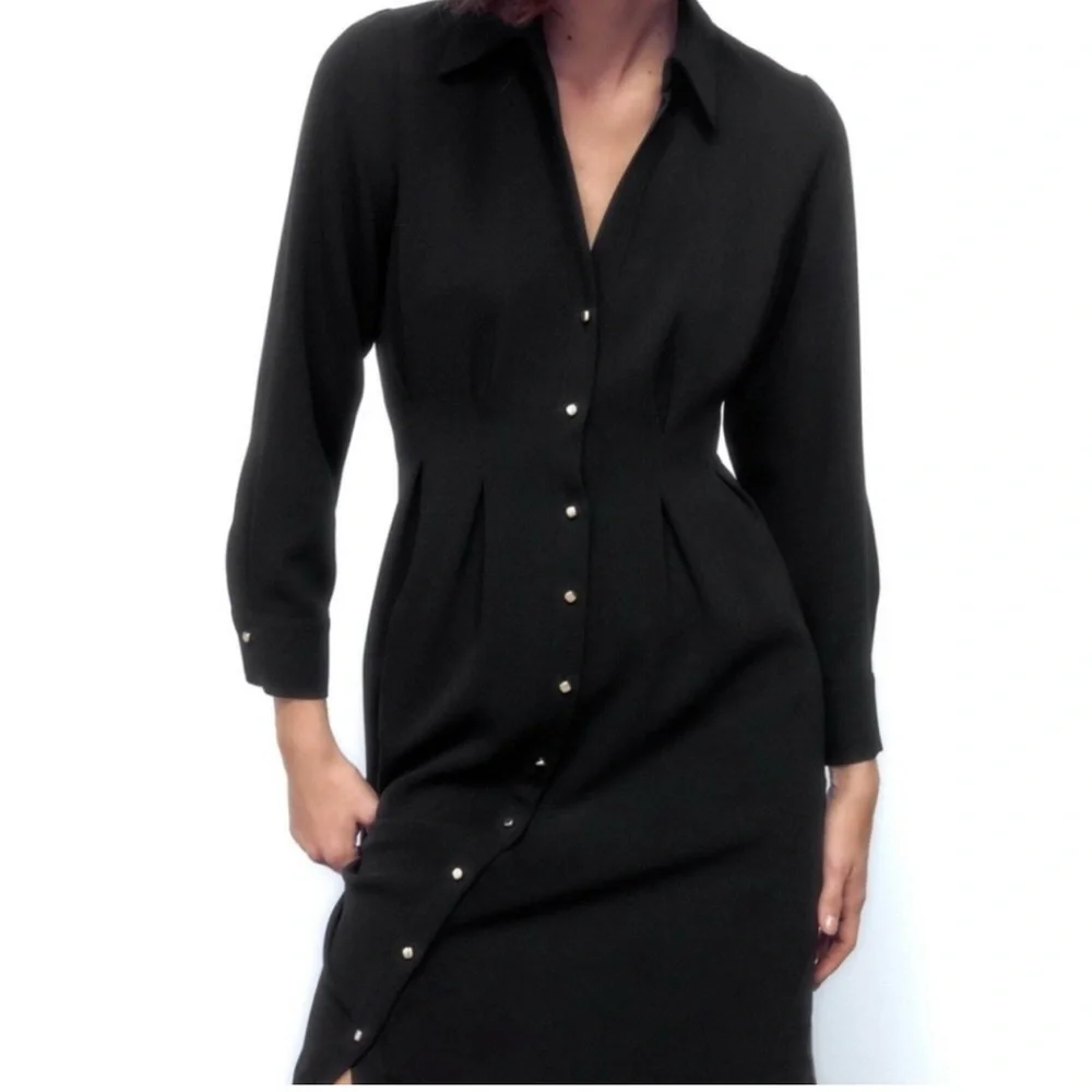 Zara Black Pleated Button-Down Dress - Picture 2 of 8